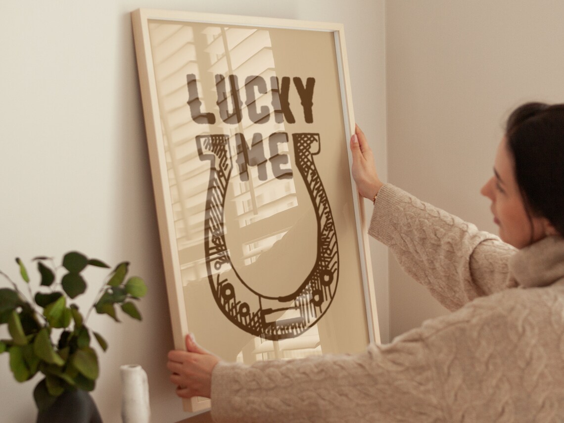Lucky Me Horseshoe Sketch Tan Western Good Luck Quote Wall Art - Image 2