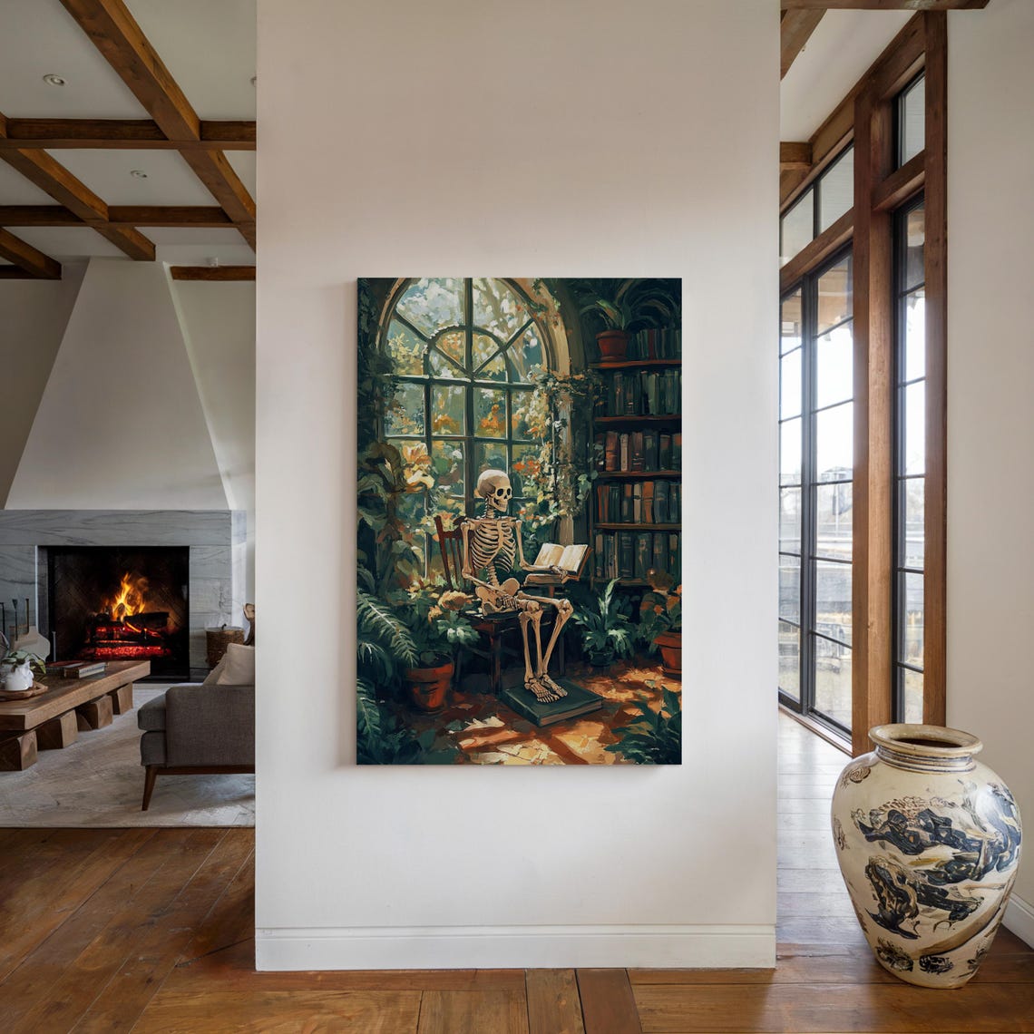 Skeleton Reading In Sunlit Library Botanical Dark Academia Print - Image 2