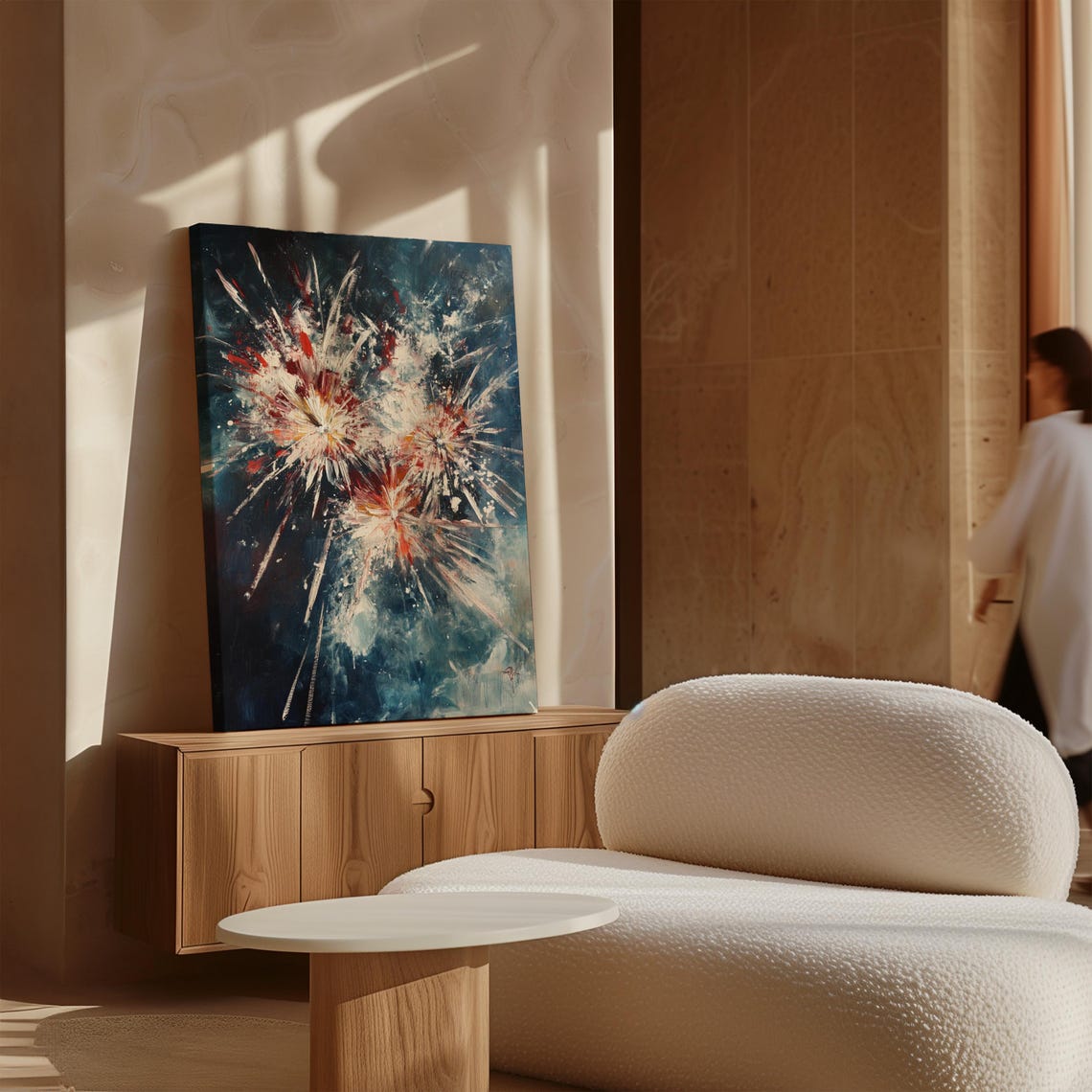 Red And White Fireworks Bursts On Dark Night Modern Abstract Art Print - Image 5