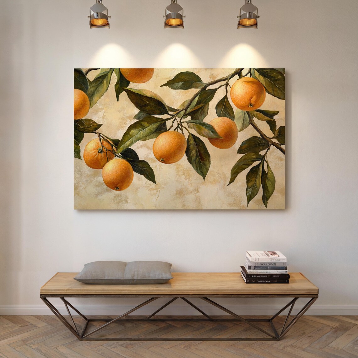 Orange Branch Still Life Green Leaves Textured Beige Nature Art Poster - Image 3