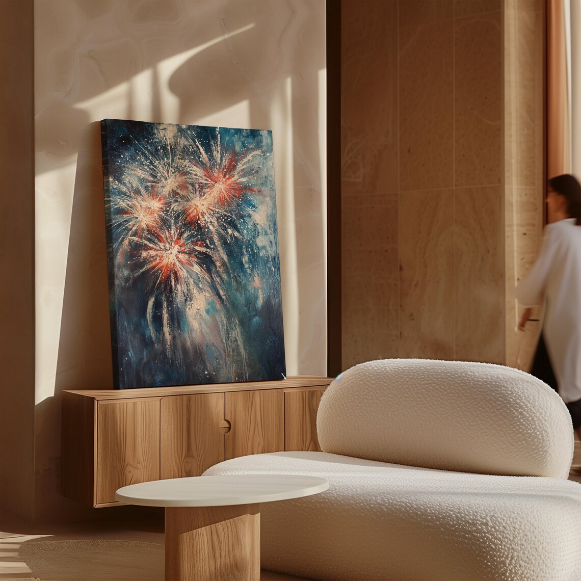 Abstract Fireworks Burst Red And White On Navy Night Modern Art Poster - Image 5