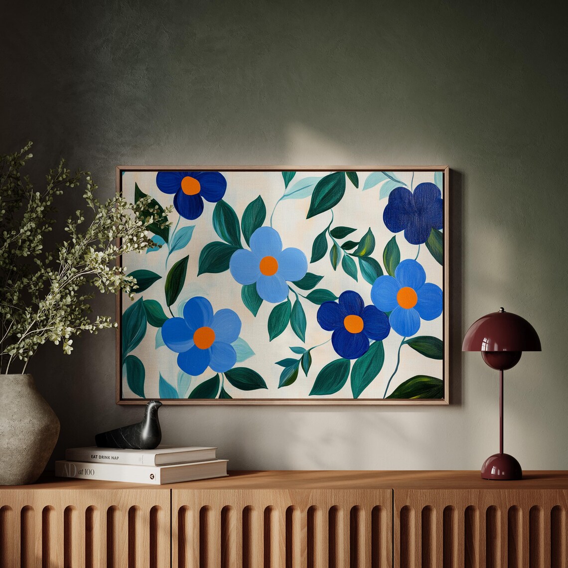 Bold Blue Blossoms Orange Centers Modern Floral Green Leaf Wall Poster - Image 2