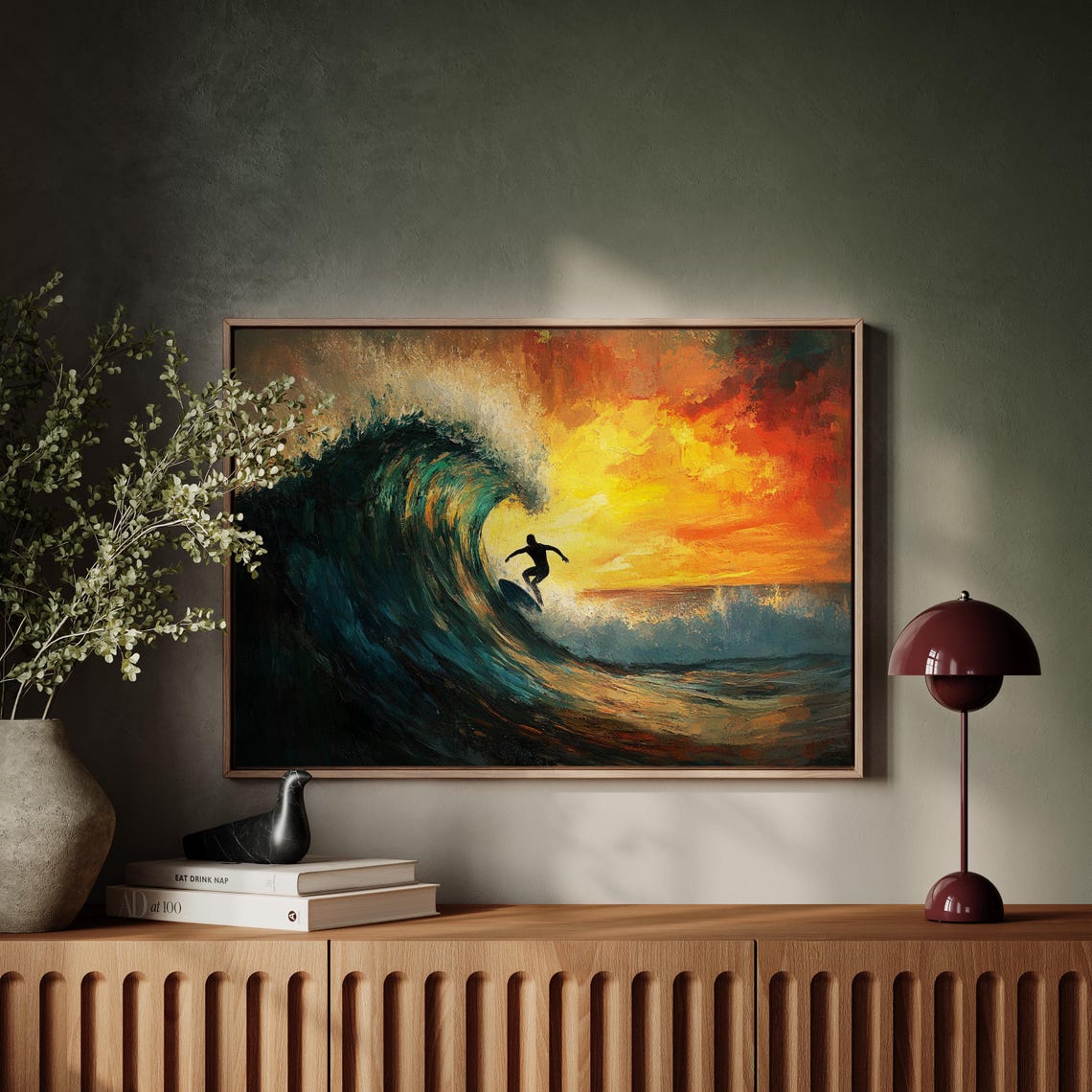 Surfer In Curling Wave Barrel Dramatic Sunset Ocean Wall Art - Image 5