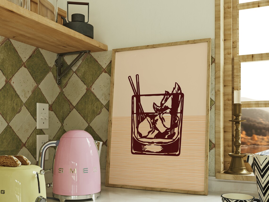 Old Fashioned Cocktail Line Art Retro Bar Cart Whiskey Drink Wall Art - Image 2