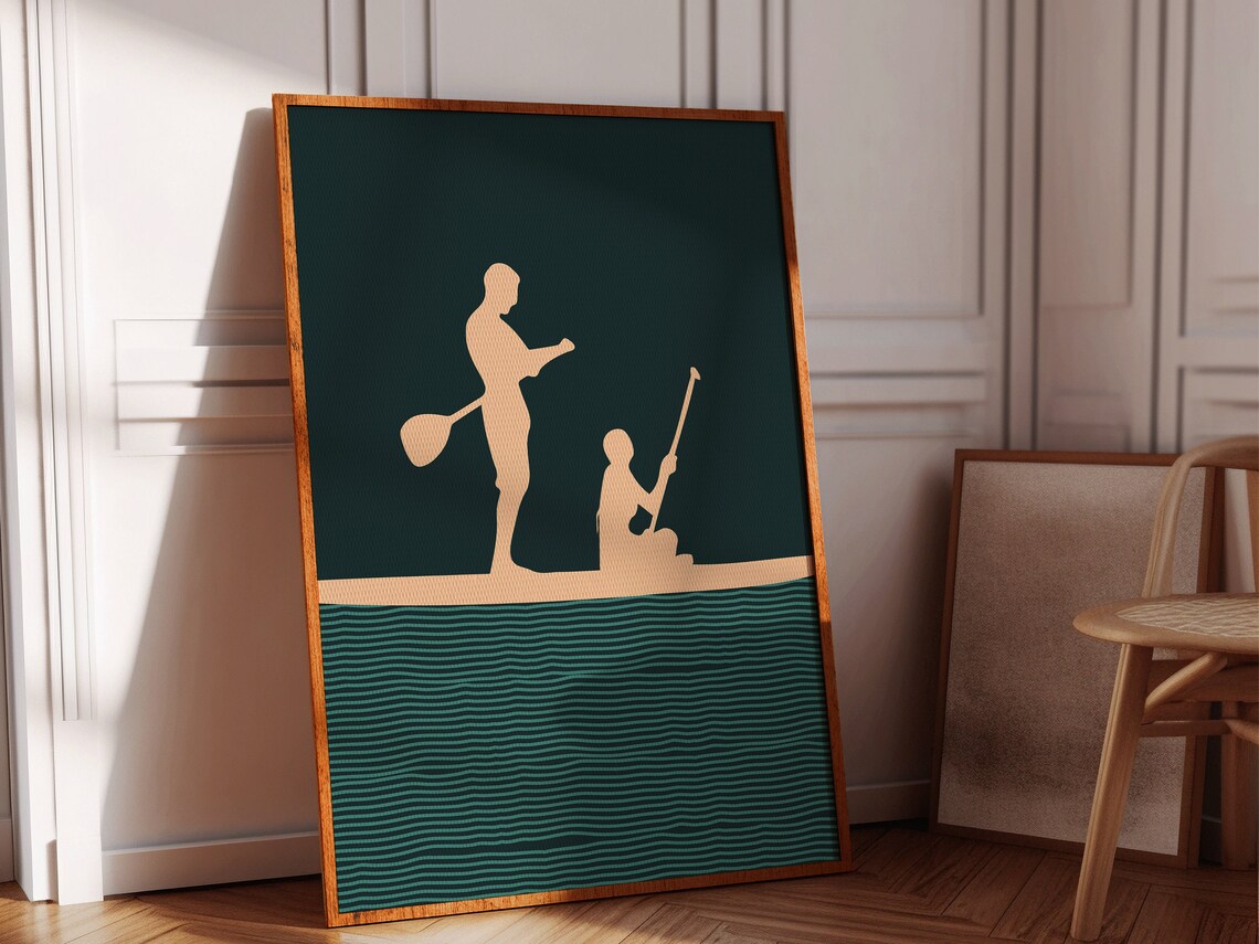 Boho Tandem Paddlers Silhouette Teal Water Minimalist Sports Poster