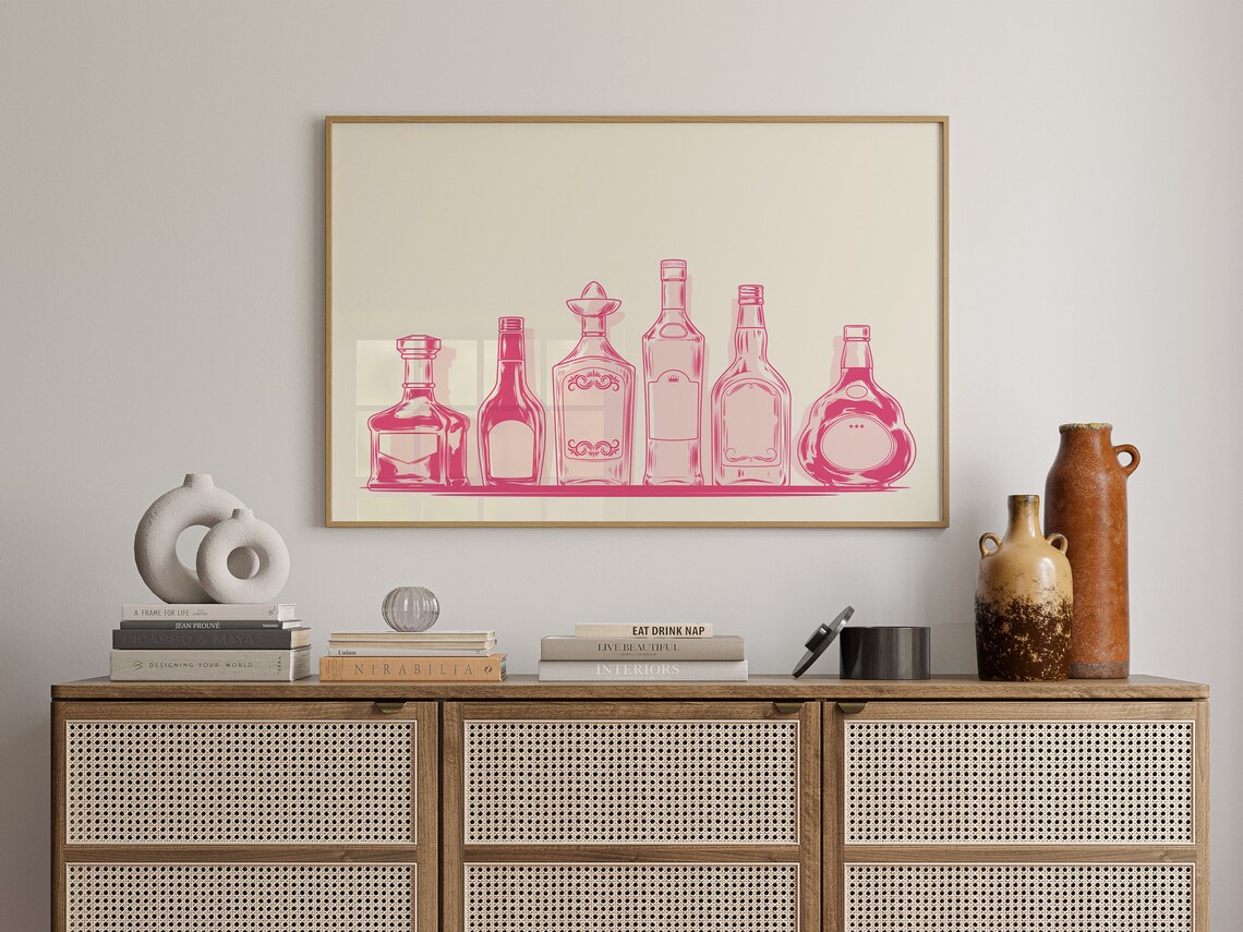 Pink Liquor Bottle Line Art Modern Bar Cart Wall Decor Poster - Image 4