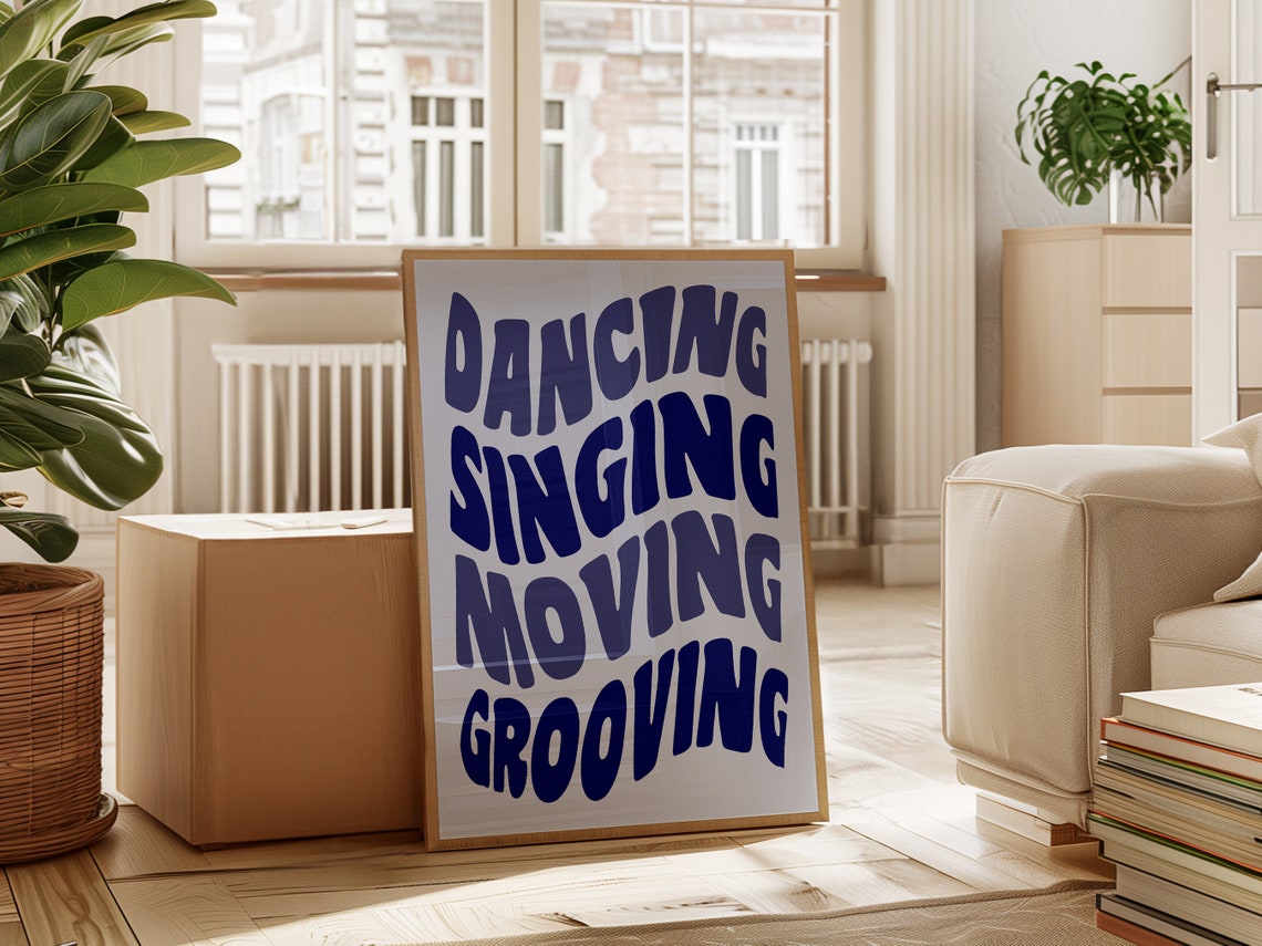 Dancing Singing Moving Grooving Navy Retro Wavy Typography Wall Poster - Image 4