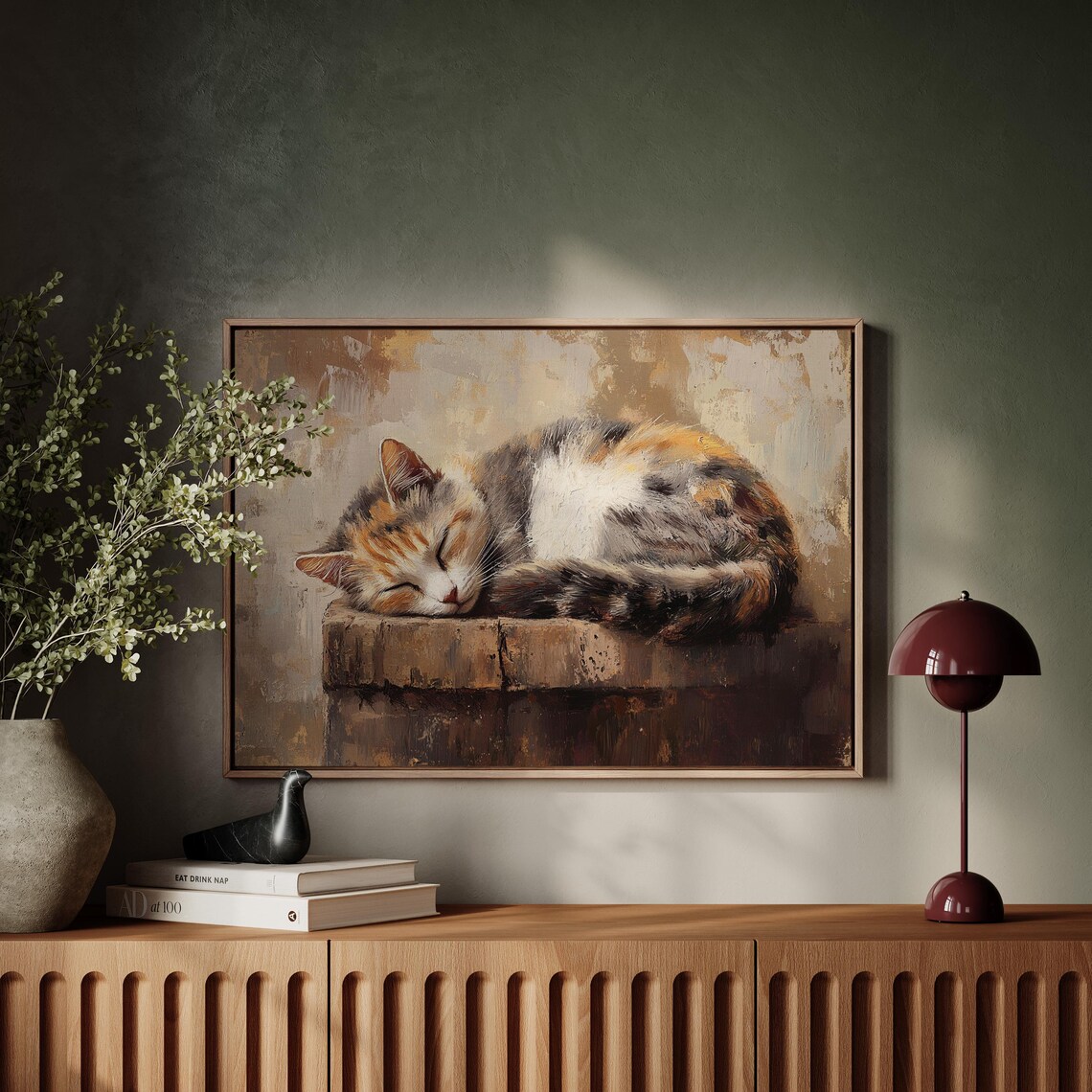 Cozy Calico Cat Sleeping Rustic Pet Art Print - Image 4