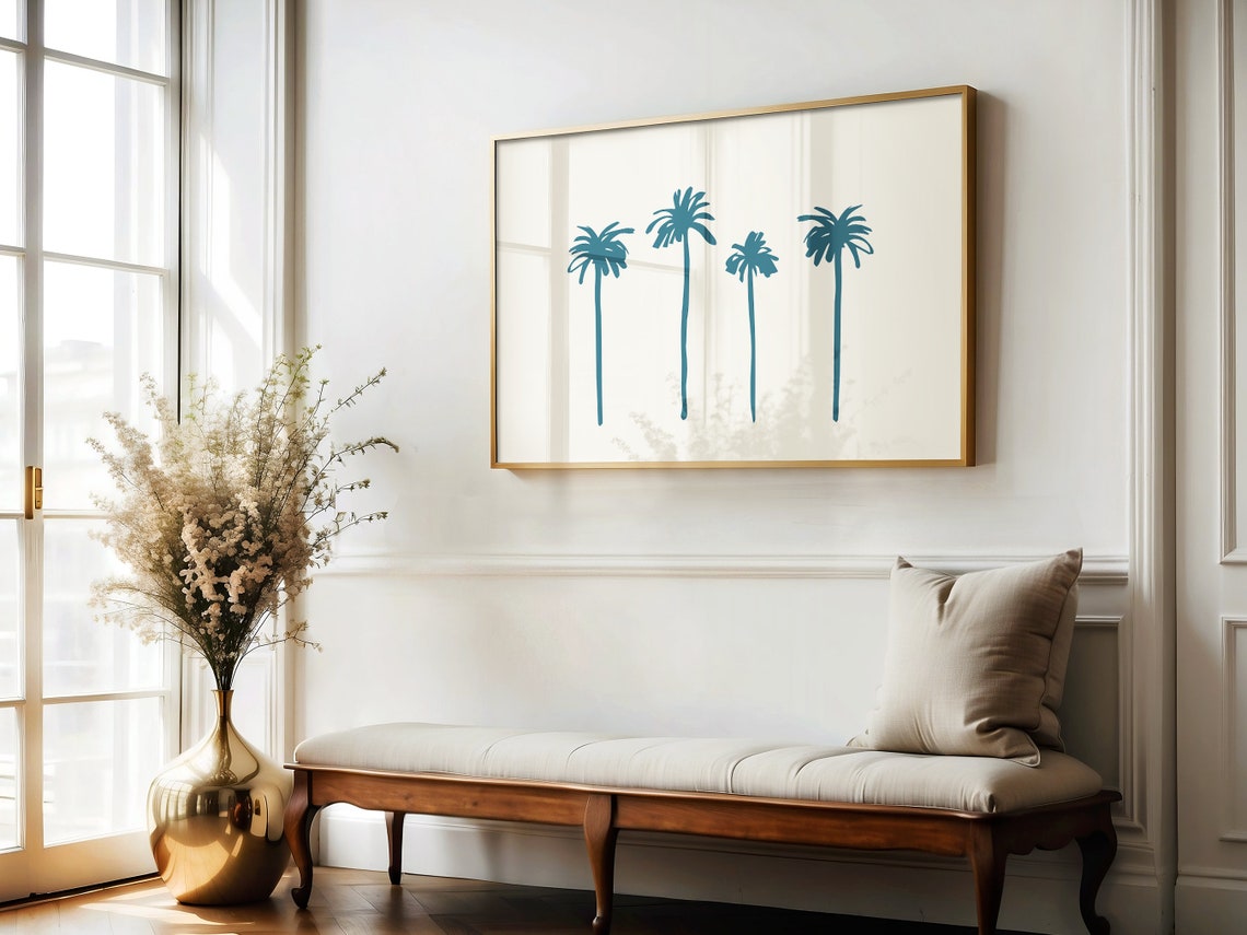 Four Teal Palm Trees Silhouette Minimalist Cream Beach Wall Art - Image 2