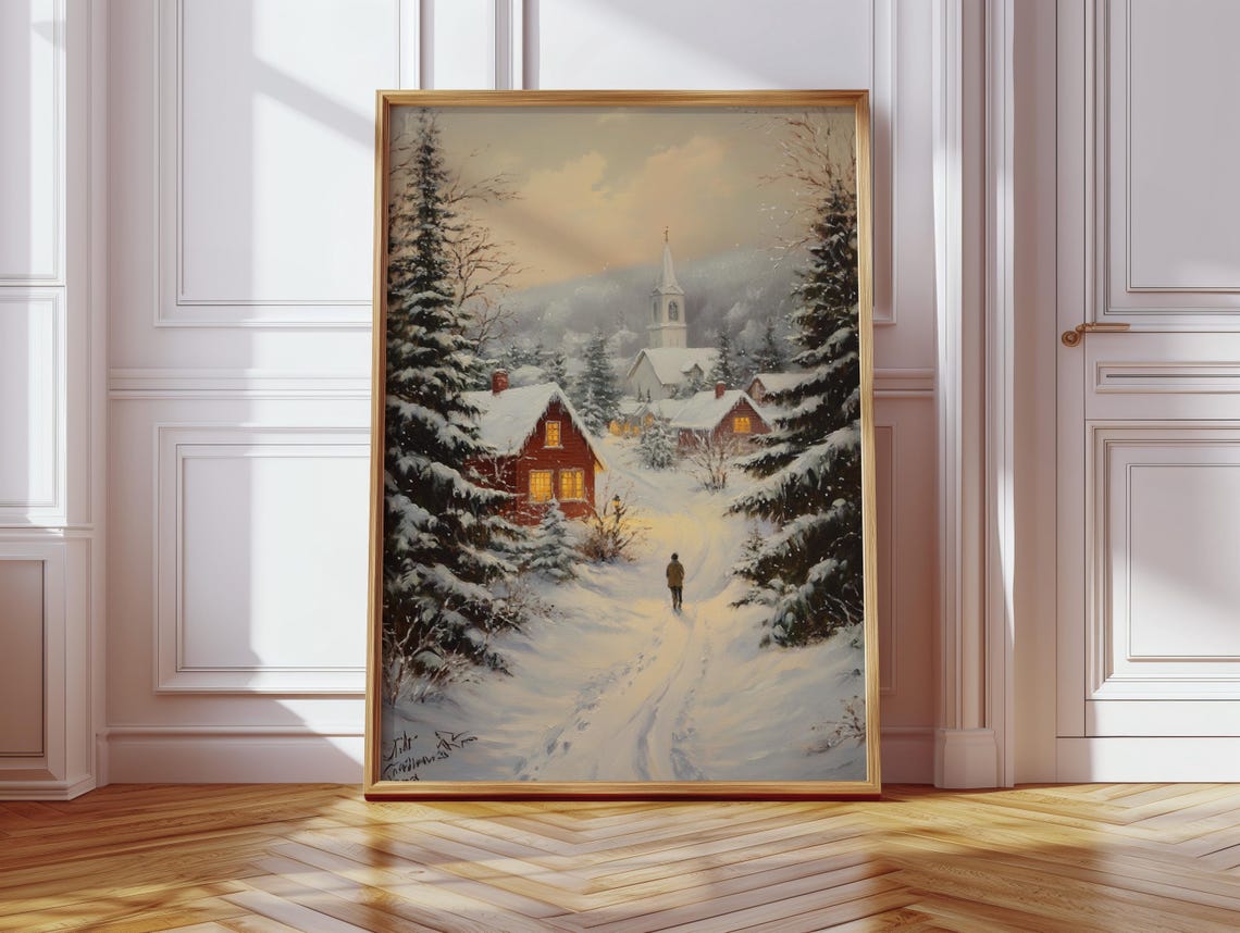 Snowy Village Christmas, Winter Cabin Scene Art Print - Image 2