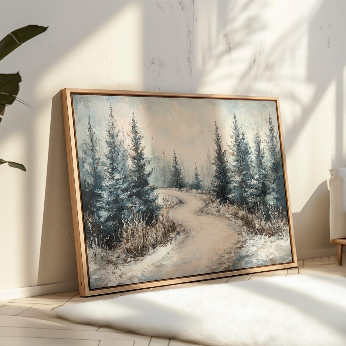 Snowy Path Through Winter Forest Wall Art Print Serene Landscape Painting For Cozy Home Decor