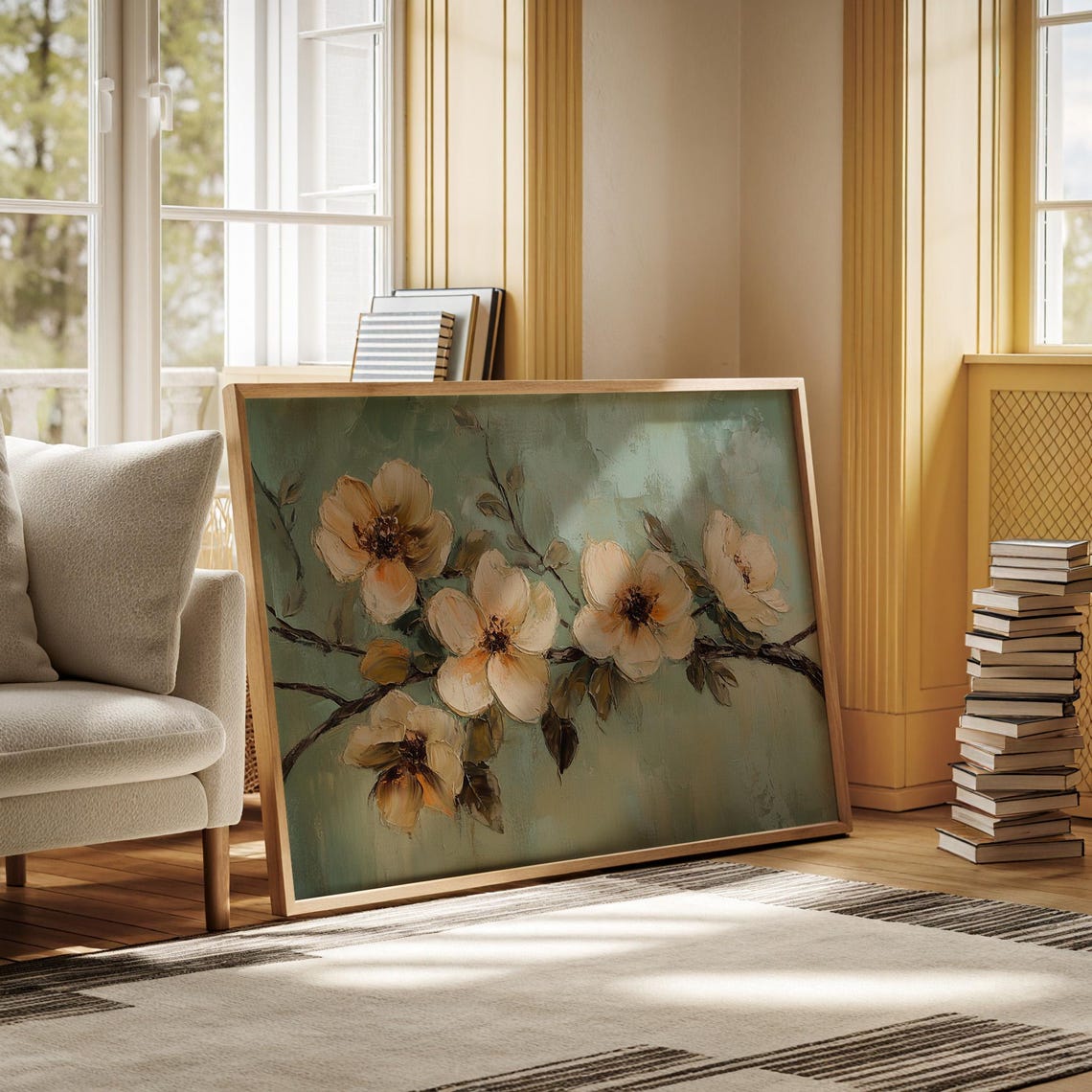 Creamy Yellow Blossoms Branch Sage Green Textured Floral Art Poster - Image 3