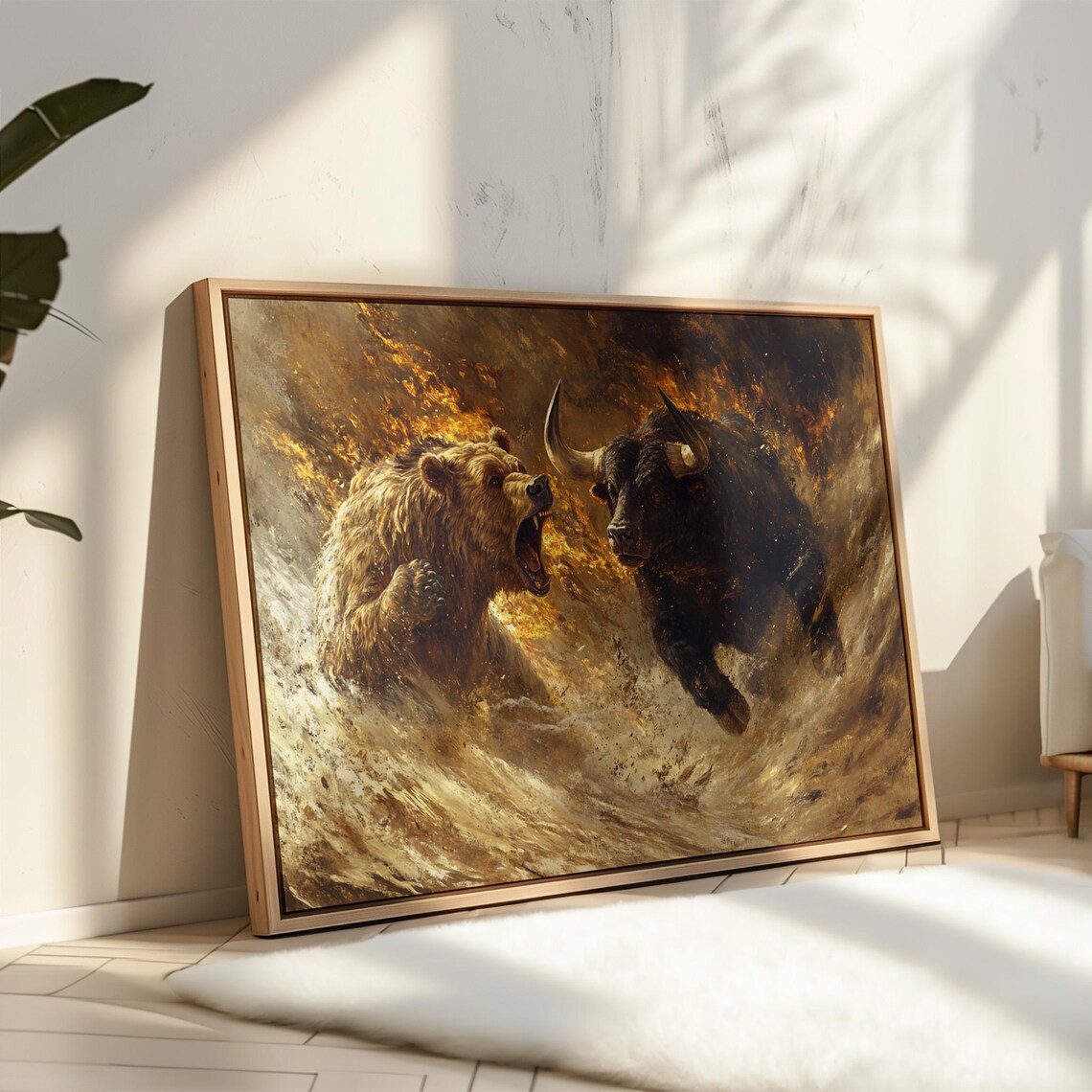 Bear And Bull Clash Dramatic Golden Stock Market Battle Art Print - Image 5