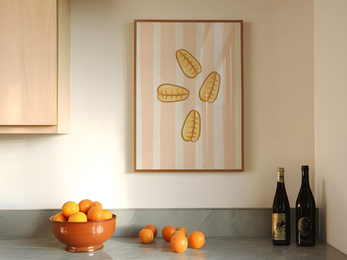 Cute Gnocchi Pasta Illustration Playful Striped Kitchen Art Poster