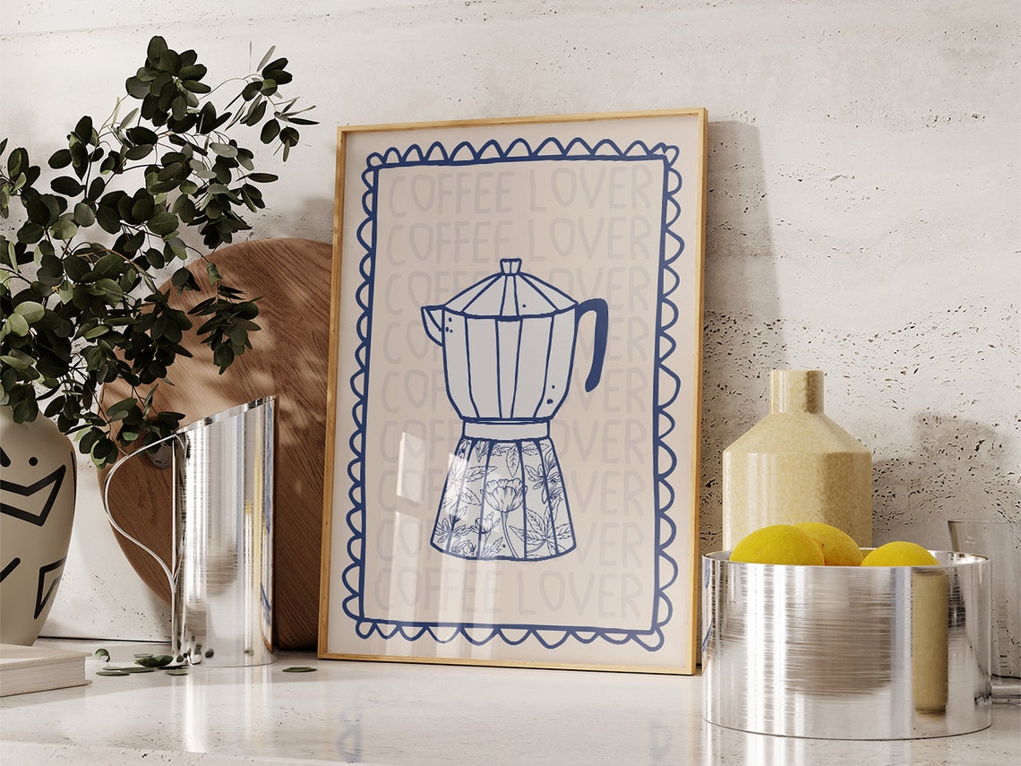 Coffee Lover Moka Pot Navy Line Art Kitchen Coffee Bar Poster