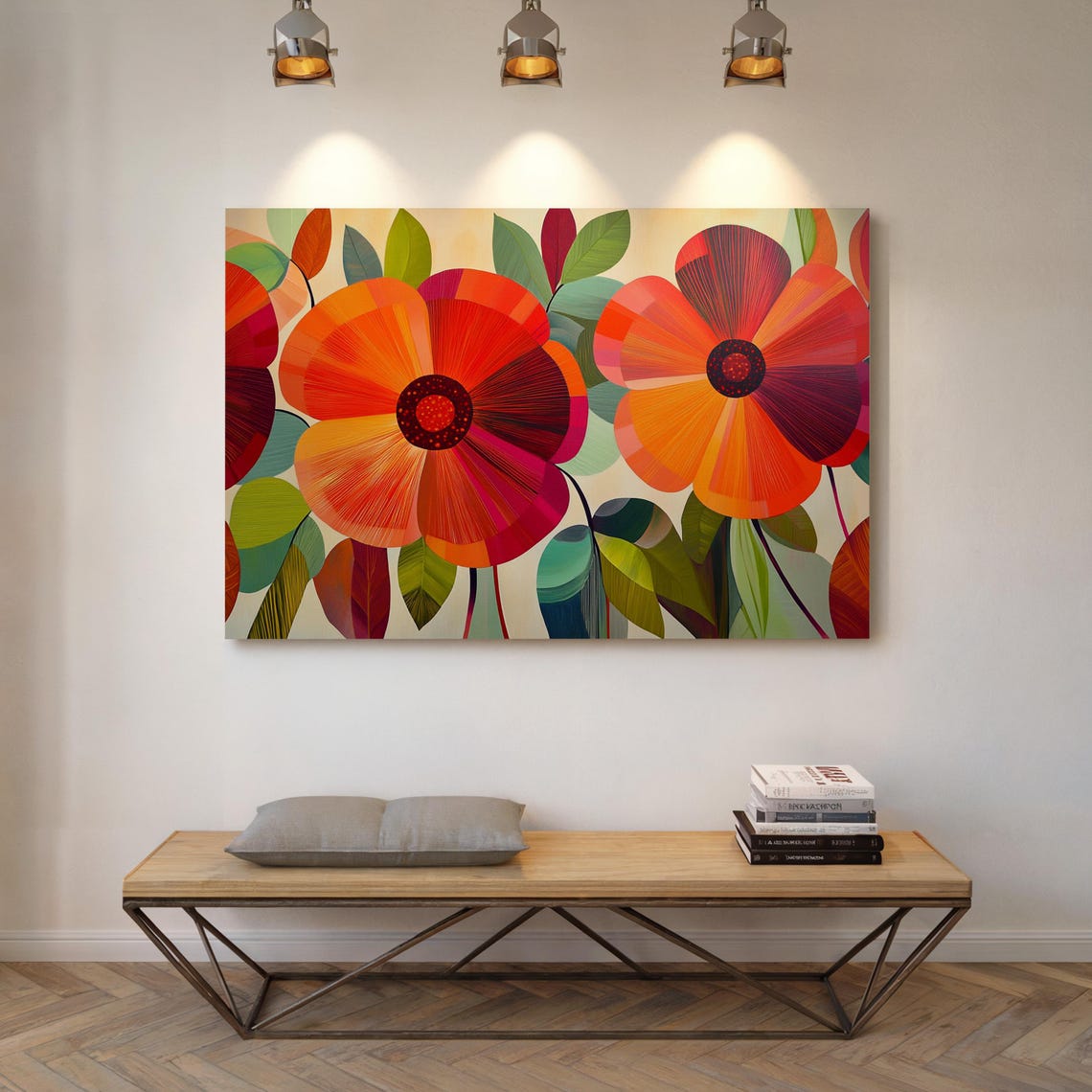 Bold Floral Artwork Featuring Vibrant Red And Orange Flowers With Intricate Patterns And Lush Green Leaves In A Modern Dynamic Style - Image 2