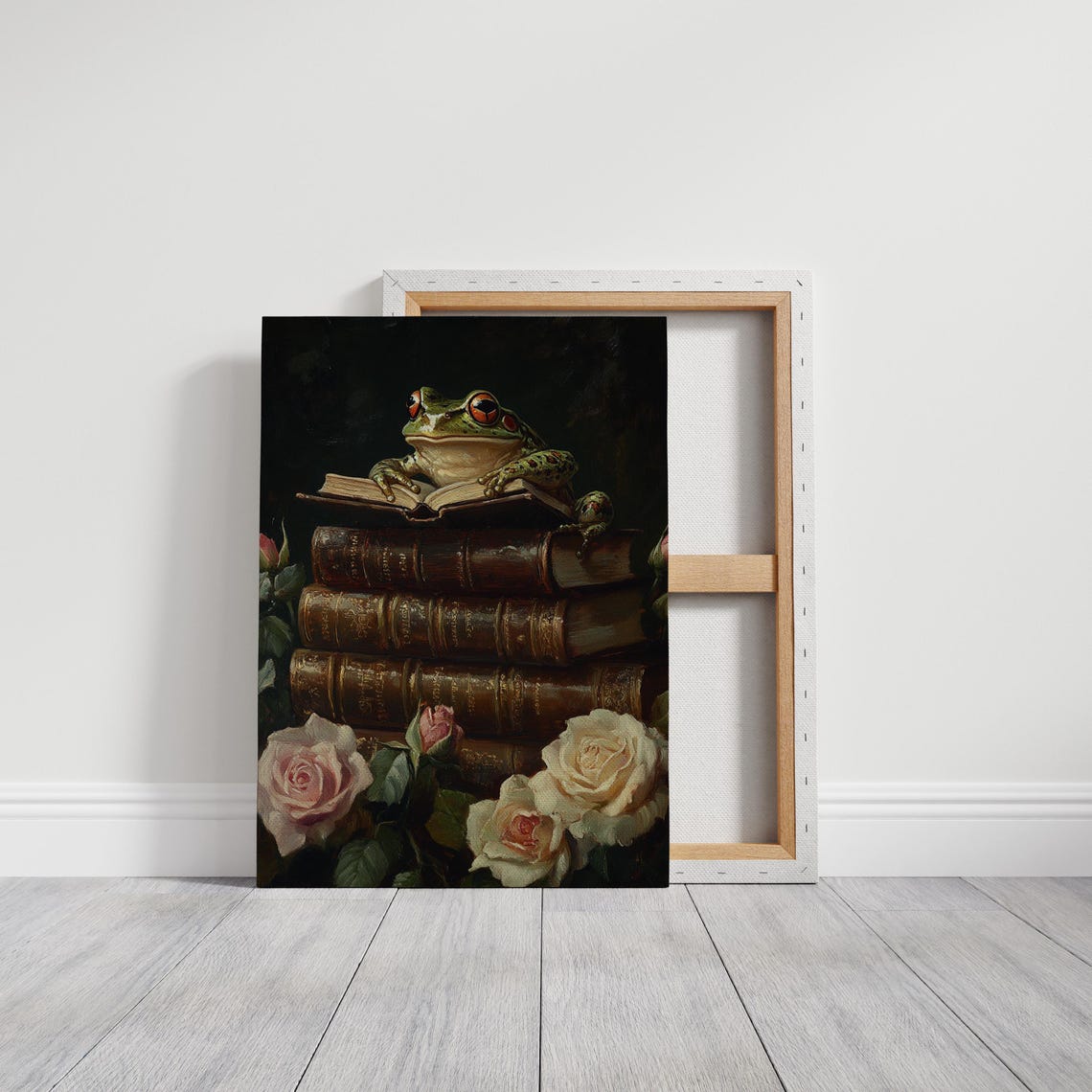 Frog on Vintage Books Roses Oil Painting Whimsical Library Wall Poster - Image 4