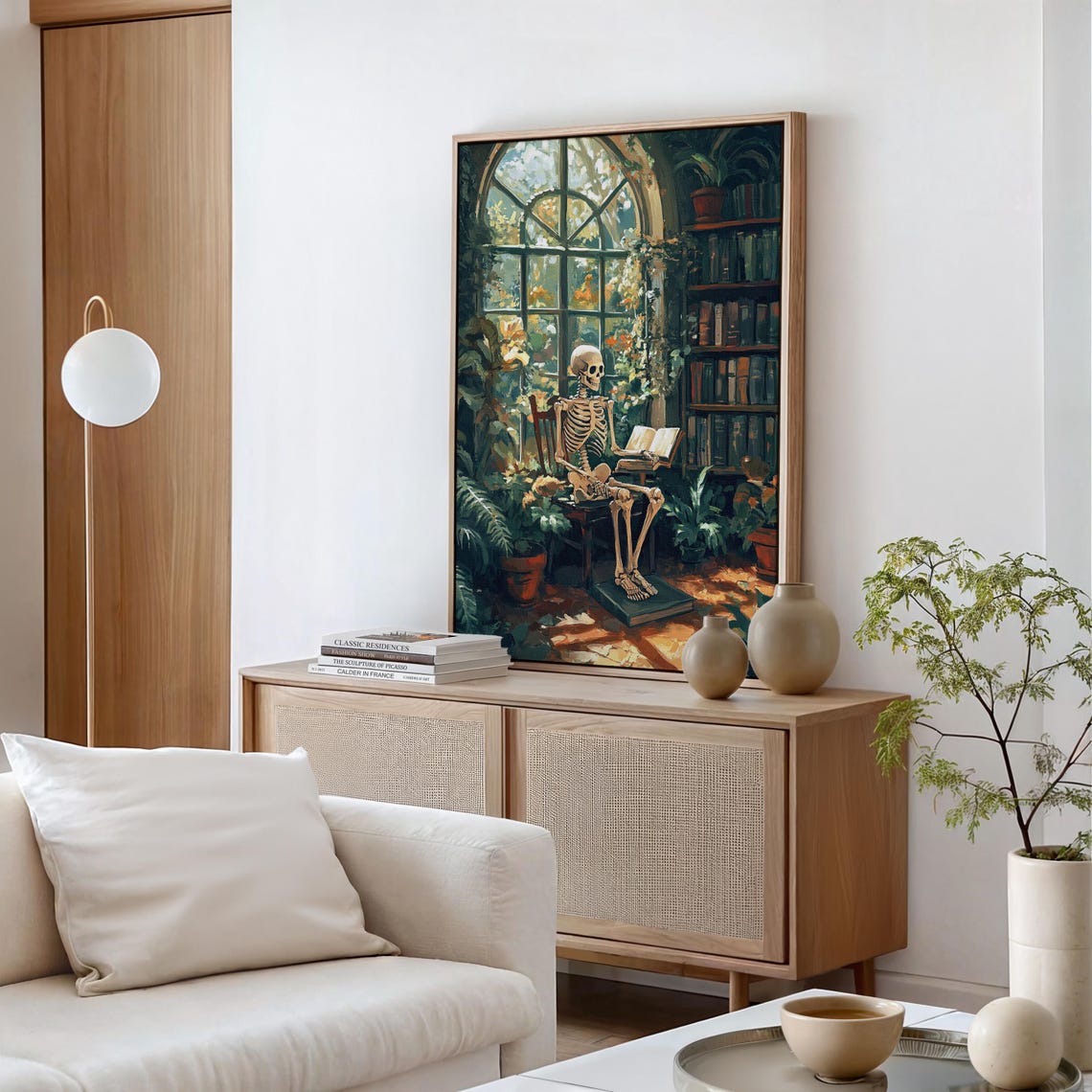 Skeleton Reading In Sunlit Library Botanical Dark Academia Print - Image 3