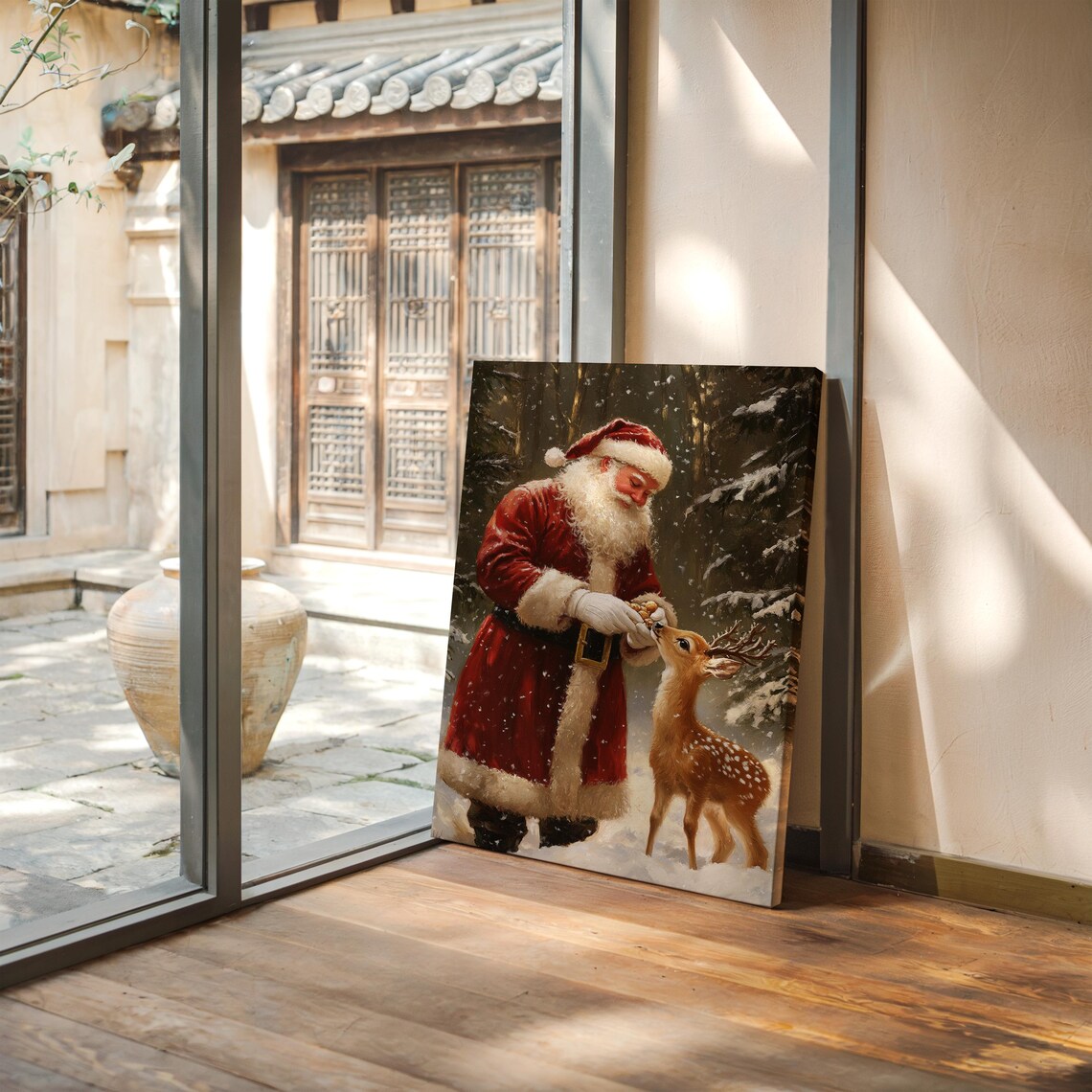 Santa Feeding A Young Deer In Snowy Forest Heartwarming Holiday Poster - Image 4