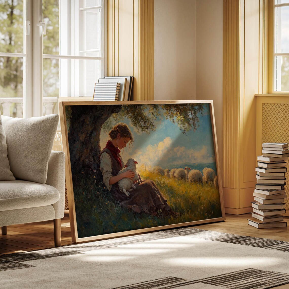 Shepherd Girl With Lamb, Pastoral Farm Scene - Image 2