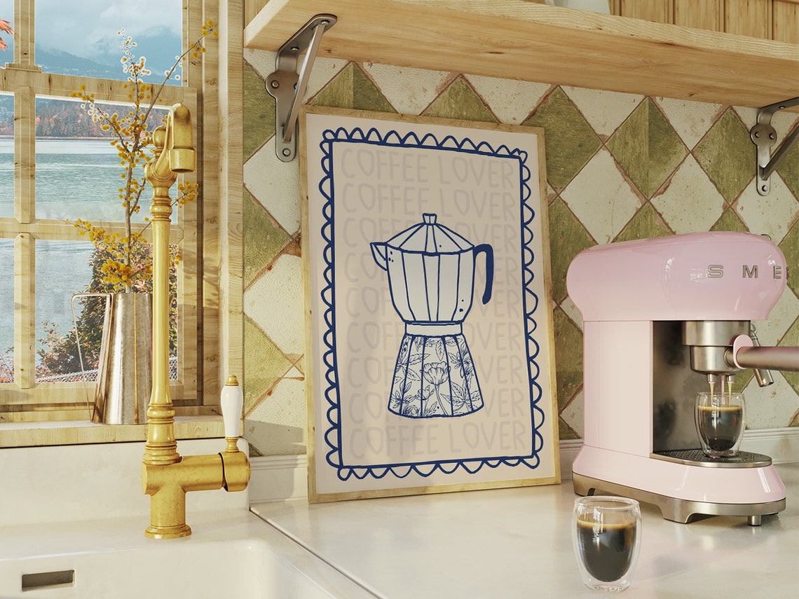 Coffee Lover Moka Pot Navy Line Art Kitchen Coffee Bar Poster - Image 2