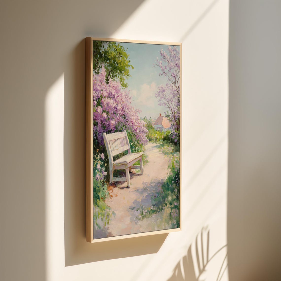 White Garden Bench Blooming Lilacs Spring Cottage Path Floral Poster