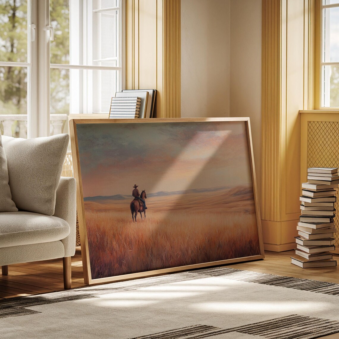 Cowboy Watching Prairie Sunset Serene Western Horseback Wall Art Open Range Landscape Print In Warm Pastel Tones - Image 3