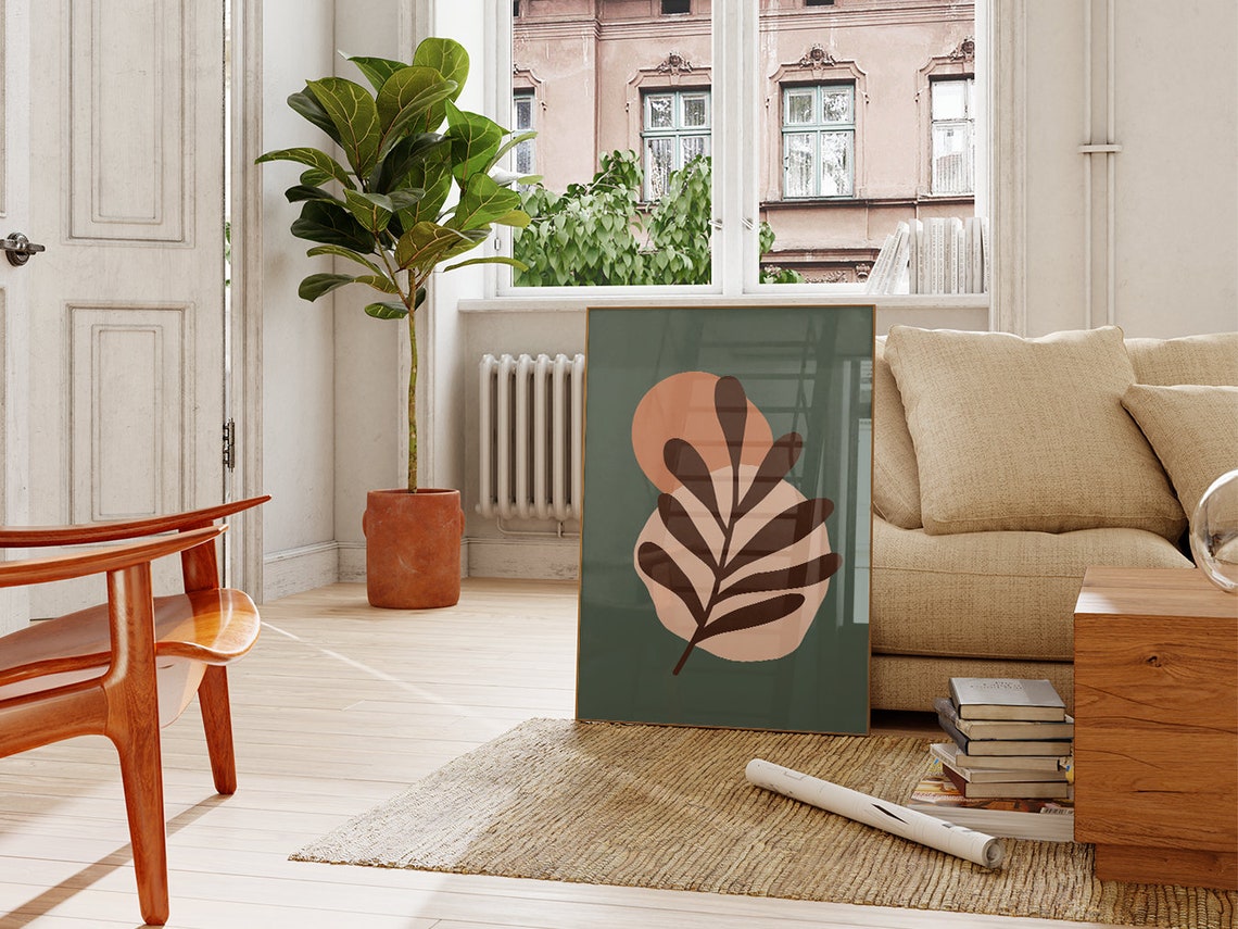 Deep Sage Blush Circle Leaf Botanical Minimalist Boho Art Poster