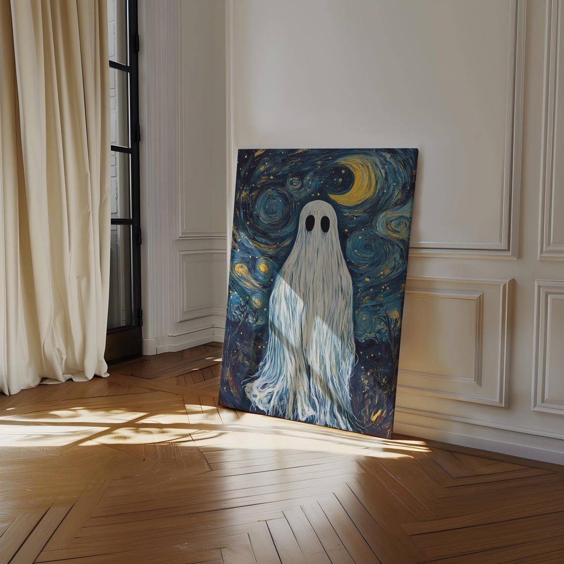 Cute Ghost in Swirling Starry Night Moon Van Gogh Style Wall Poster - Image 2