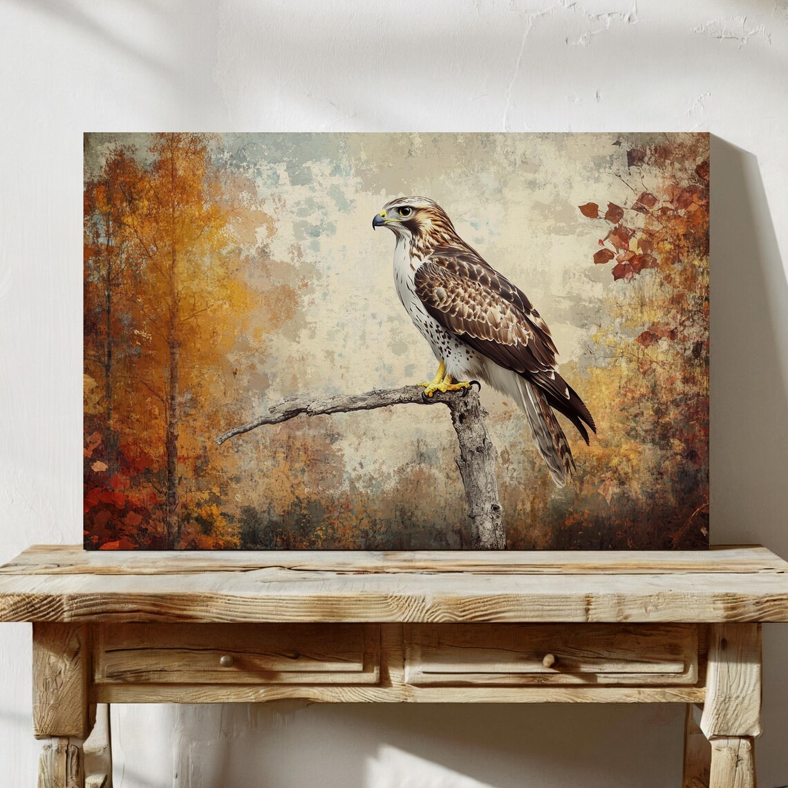 Regal Hawk Perched on Branch, Rustic Autumn Wildlife Art Print - Image 4