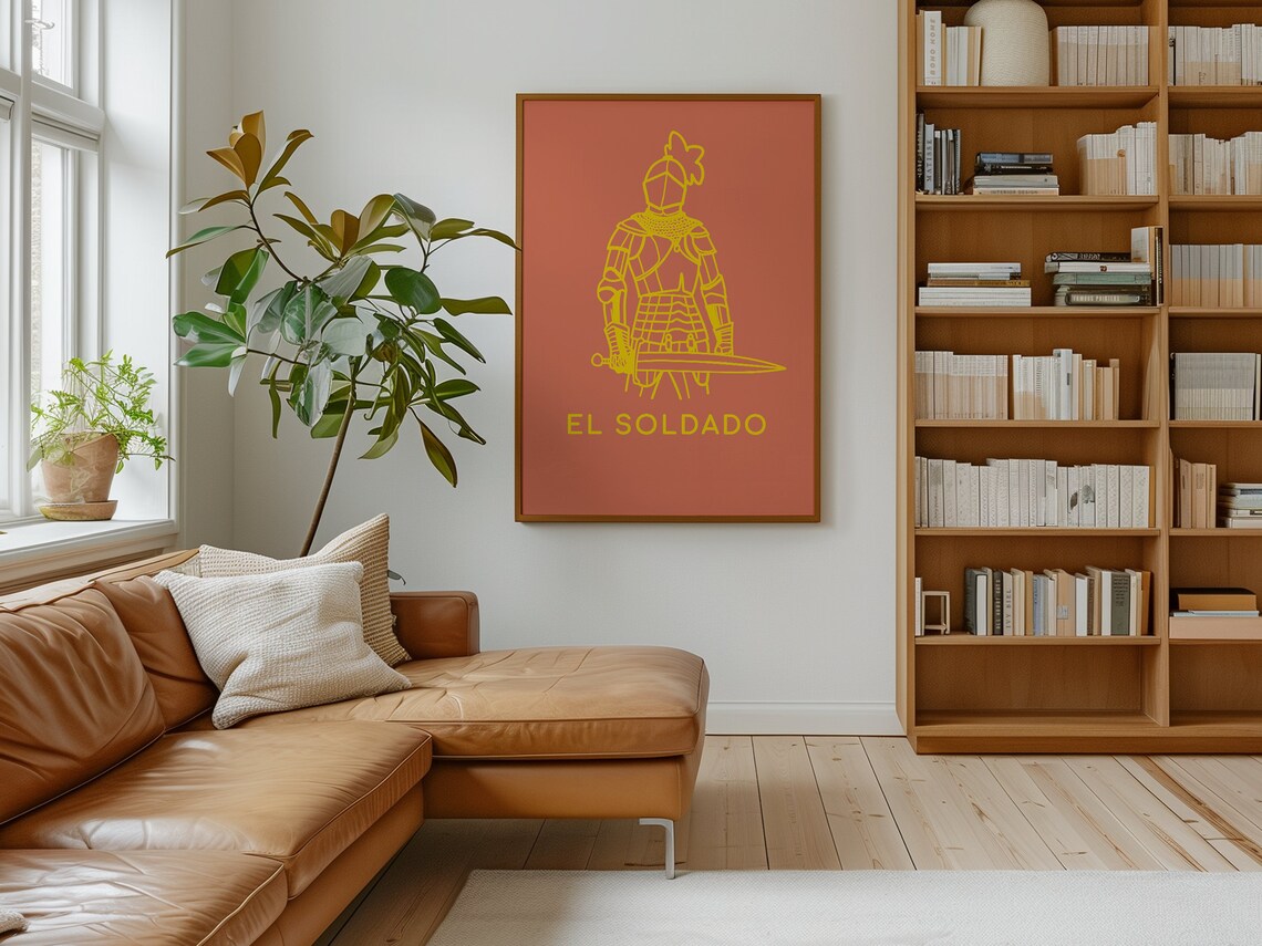 El Soldado Armored Knight Sword Mexican Loteria Coral Wall Art Print - Image 2