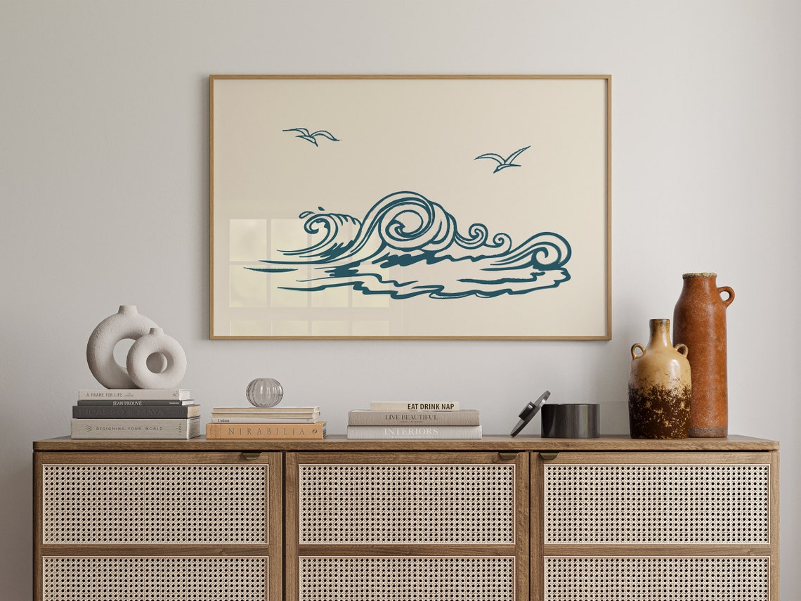 Teal Ocean Wave Line Art Seagull Minimalist Beach Coastal Poster