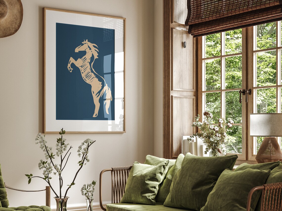 Rearing Horse Sketch Navy Cream Modern Western Equestrian Art Print - Image 4