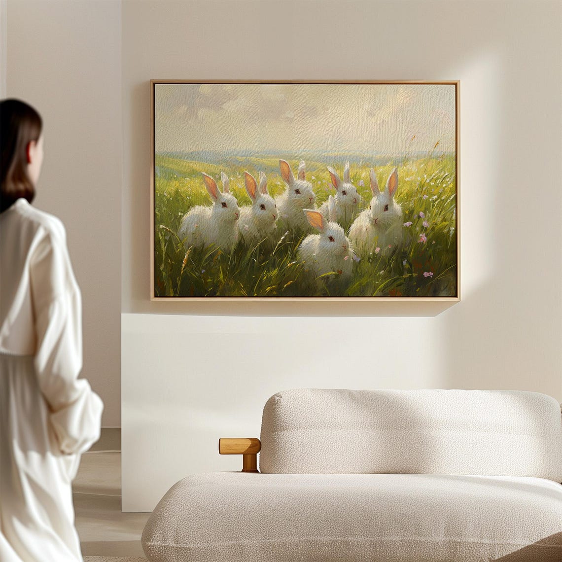 Group Of White Bunnies In Sunny Spring Meadow Cute Bunny Art Poster - Image 2