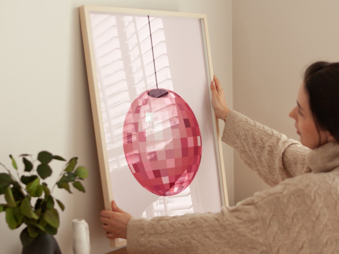 Pink Disco Ball Hanging On String Retro Party Minimalist Wall Art - Image 2