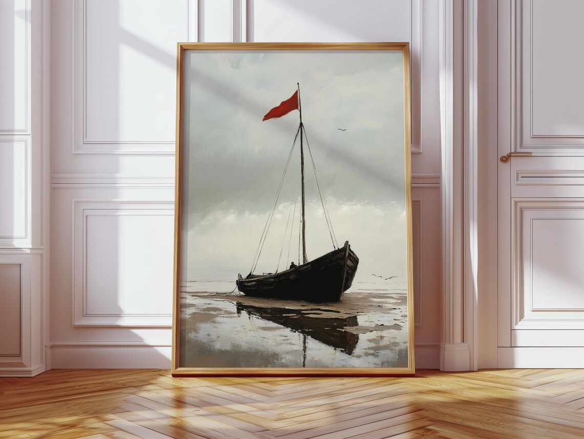 Moody Sailboat Seascape, Vintage Coastal Decor - Image 3