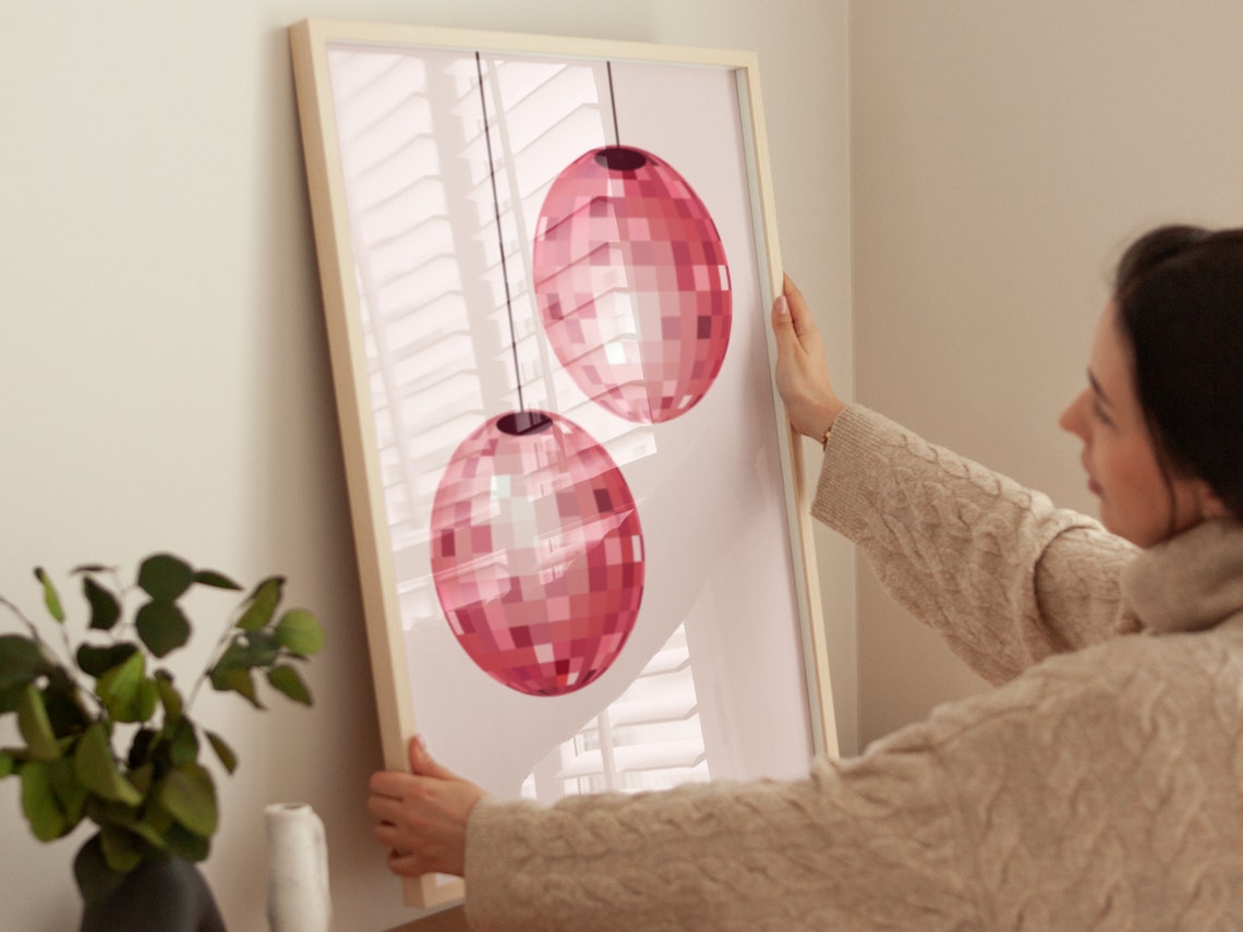 Twin Pink Disco Balls Hanging Minimal Blush Party Wall Poster - Image 4
