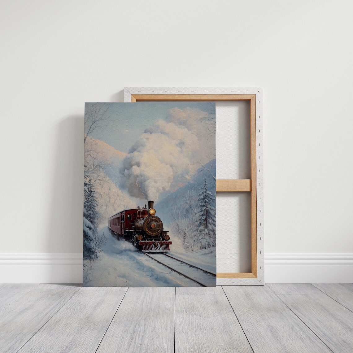 Red Steam Locomotive Winter Snowy Pine Valley Vintage Train Wall Art - Image 4