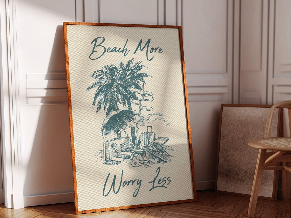 Beach More Worry Less Teal Palm Tree Script Coastal Quote Poster - Image 4