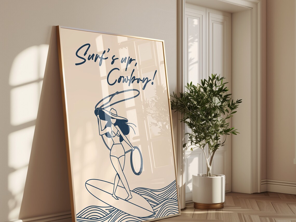 Surfs Up Cowboy Cowgirl Surfing Lasso Navy Line Art Beach Poster - Image 2