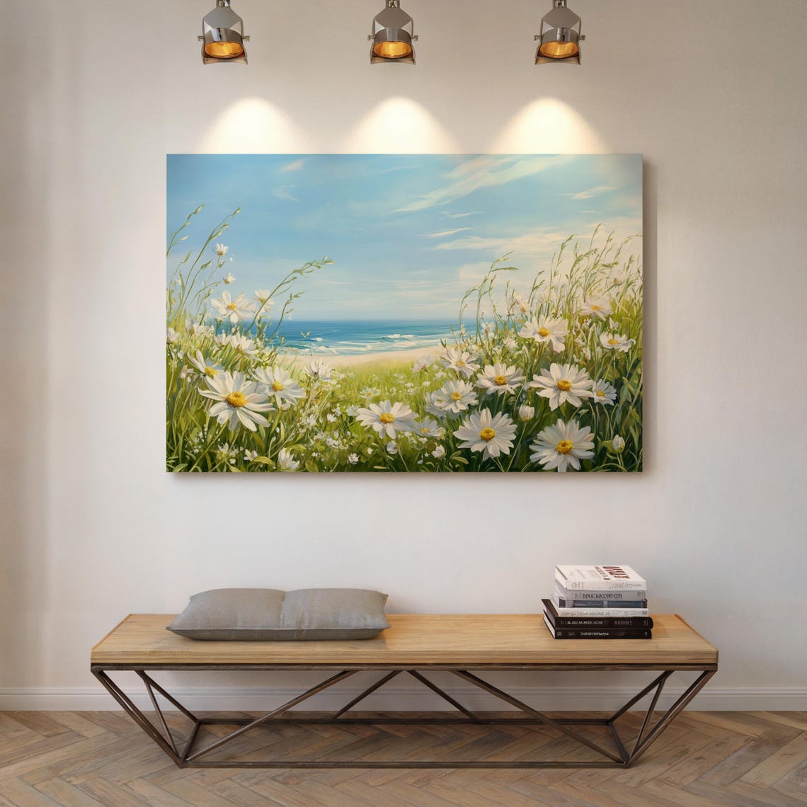 Coastal Daisy Meadow Ocean Blue Sky Serene Floral Landscape Poster - Image 3
