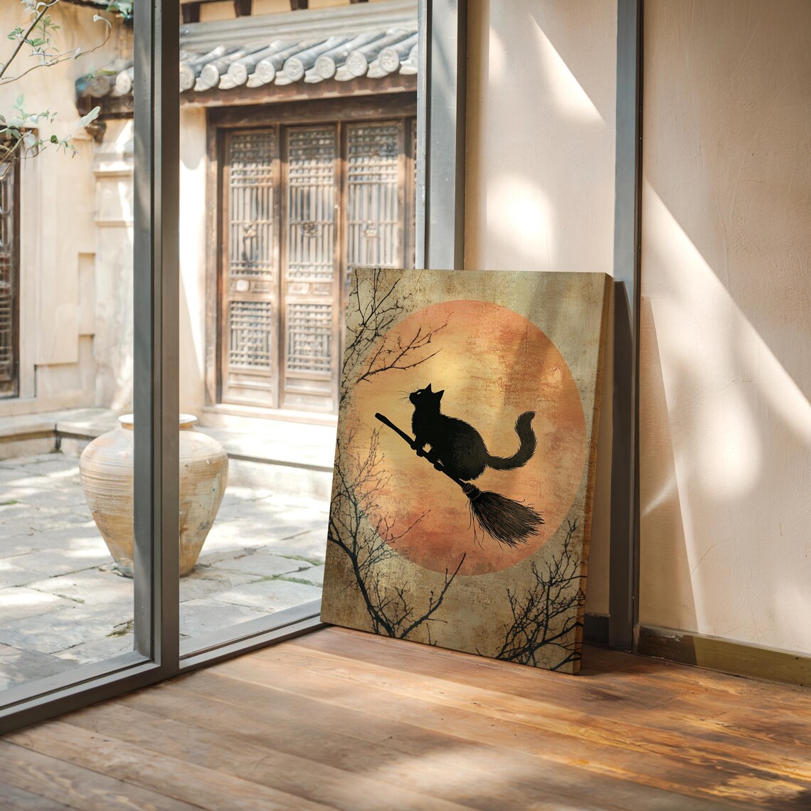 Black Cat Riding Broom Silhouette Vintage Halloween Full Moon Art Poster - Image 2