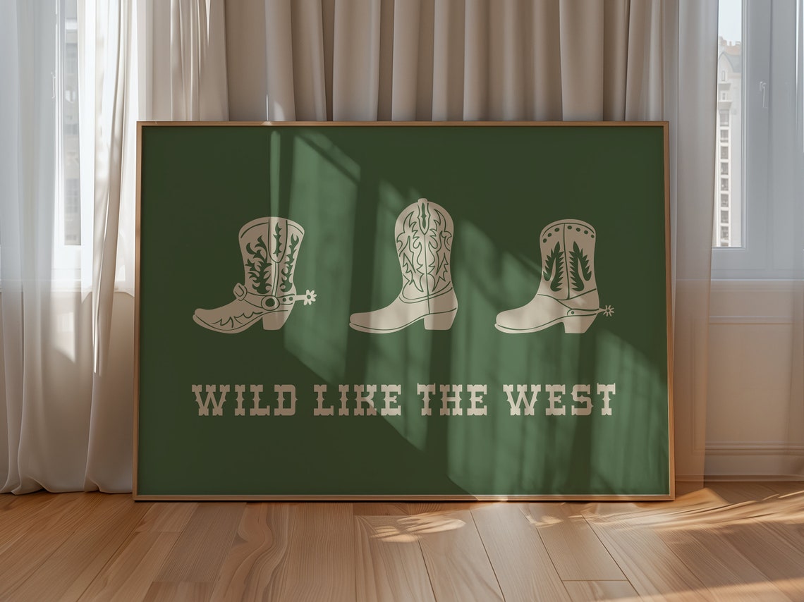 Wild Like The West Cowboy Boots Cream on Forest Green Wall Art