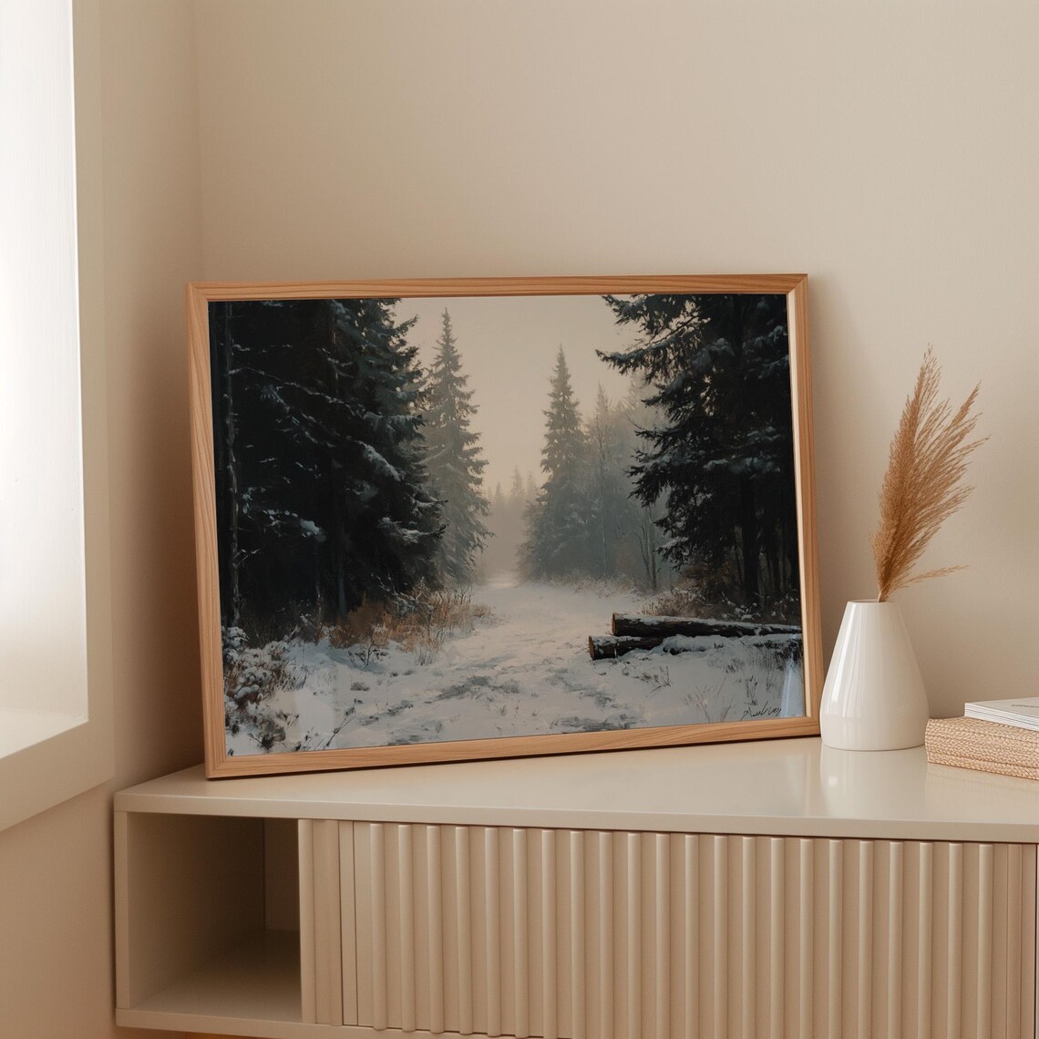 Winter Forest Path, Snowy Pine Tree Painting - Image 3