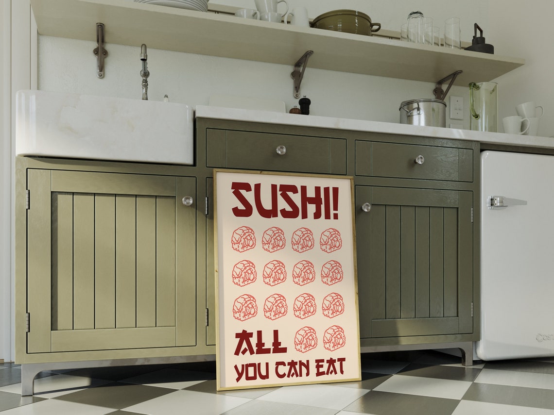 Sushi All You Can Eat Retro Red Typography Kitchen Wall Art Print