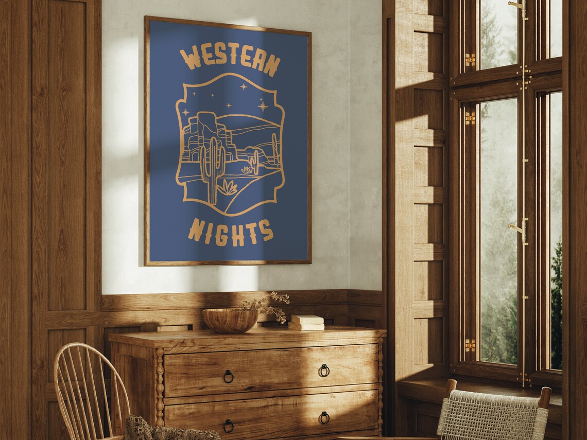Western Nights Starry Desert Cactus Navy Gold Line Art Poster - Image 2