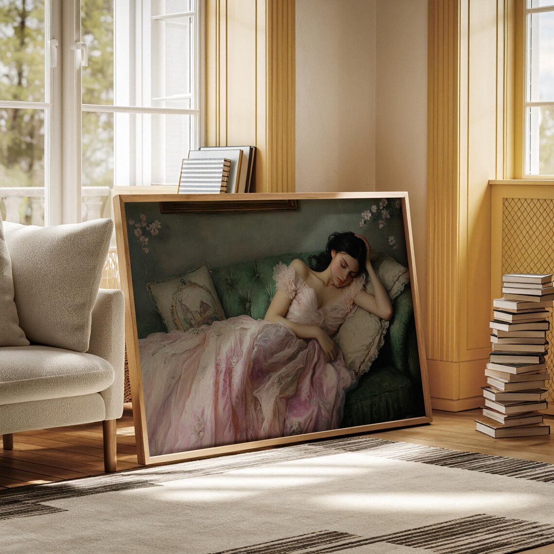 Romantic Lady in Pink Gown Reclining on Green Sofa Vintage Poster - Image 2
