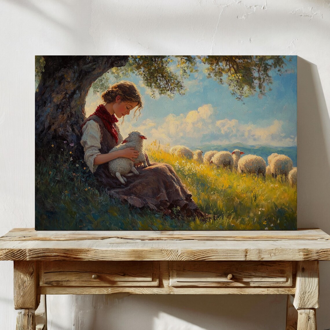 Shepherd Girl With Lamb, Pastoral Farm Scene - Image 3