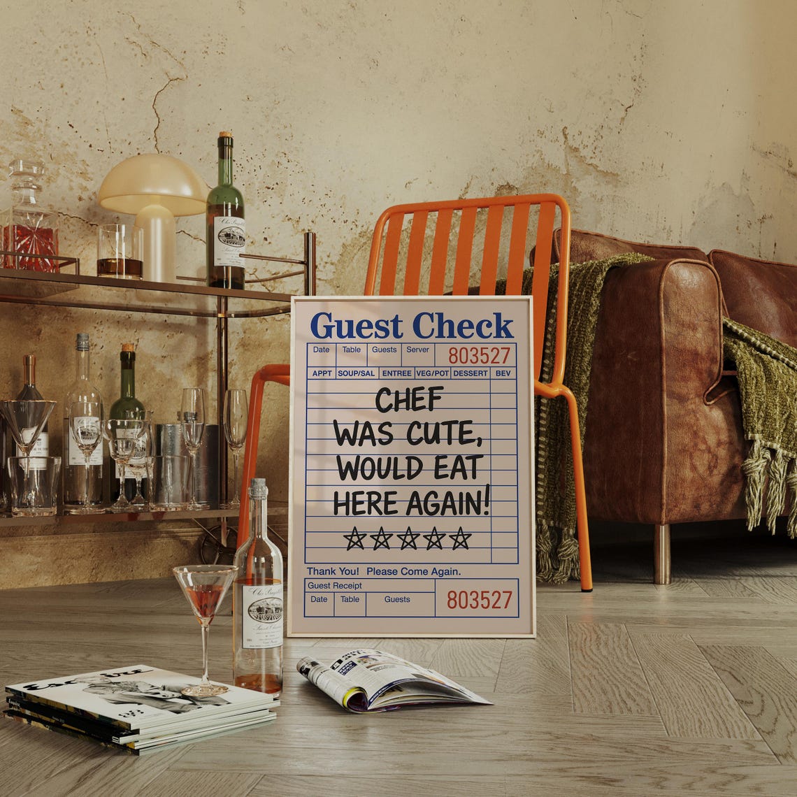 Funny Guest Check Art Print Chef Was Cute Restaurant Receipt Poster Quirky Diner Inspired Kitchen Wall Decor With 5 Star Humor - Image 5