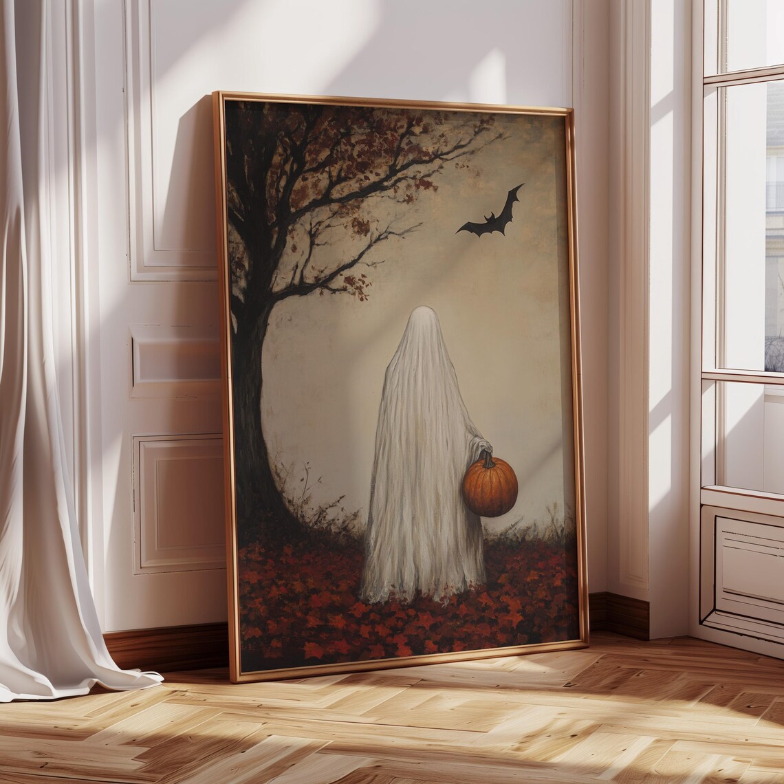 Autumn Ghost Holding Pumpkin, Spooky Halloween Decor - Image 3